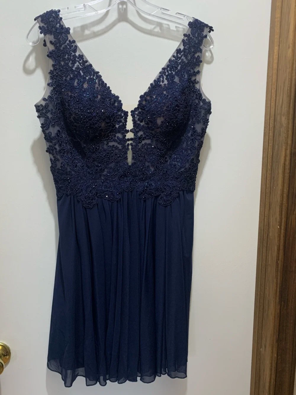 Sherri Hill Navy blue A-Line Dress with beaded embroidery - Picture 7 of 14